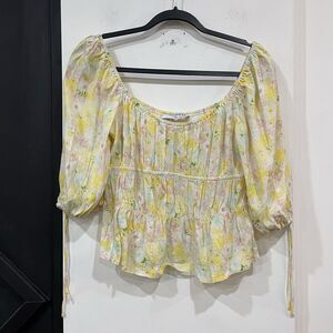 Sophie Rue Yellow Floral Cropped Puff Sleeve Peasant Top Size Medium Cottage